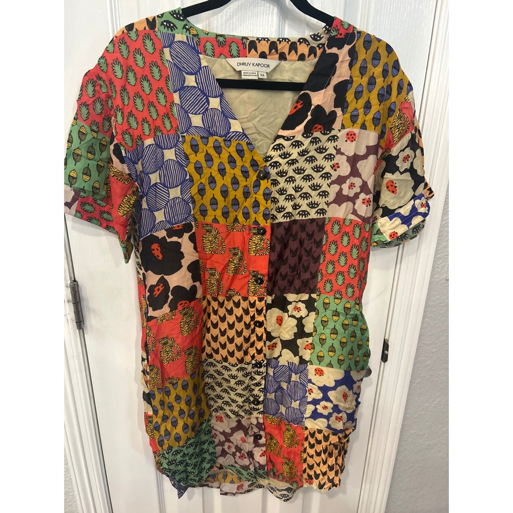 Dhruv Kapoor Shirt Dress Multicolor Patchwork Print Tiger Eyes Floral XS Art Pop